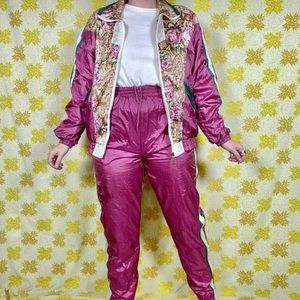 Vintage 90s maroon, green & tan floral cheetah windbreaker set ☀️